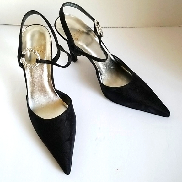 Stuart Weitzman Black PointyToe Heels w Rhinestones,Open Back with Strap… - Picture 1 of 2